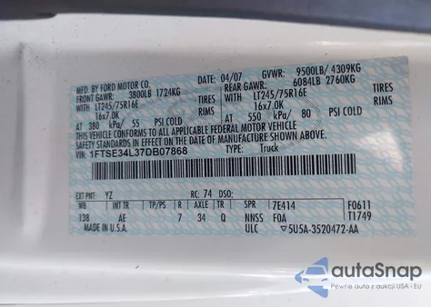 2007 Ford E-350 Super Duty Commercial/Recreational из США, поврежденный, VIN 1FTSE34L37DB07868